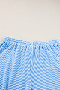 Online Light Blue Plus Size Ribbed Long Sleeve Top and Drawstring Shorts Set