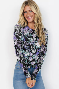 Online Black Floral Print Mesh Fitted Long Sleeve Top