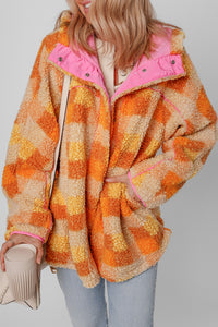 Online Orange Checkered Sherpa Hooded Jacket