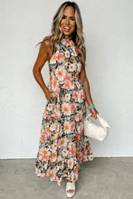 Load image into Gallery viewer, Black Boho Floral Print Knotted Halter Ruffled Maxi Dress

