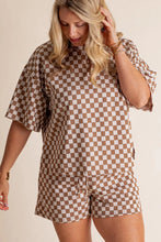 Load image into Gallery viewer, Online Brown Plus Size Checkerboard Print Side Slim Tee Shorts Set
