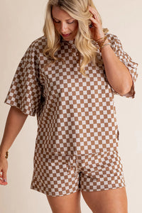 Online Brown Plus Size Checkerboard Print Side Slim Tee Shorts Set