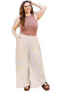 Online Khaki Stripe Plus Size Drawstring High Waist Wide Leg Pants