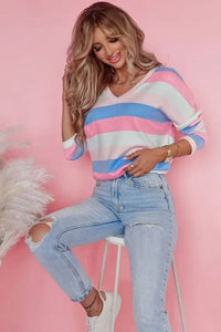 Pink Contrast Striped V Neck Long Sleeve Top