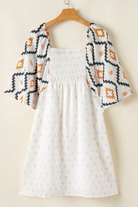 Online Beige Western Aztec Print Pleated Square Neck Loose Mini Dress