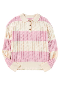 Online Pink Stripe Cable Knit Collared Henley Sweater