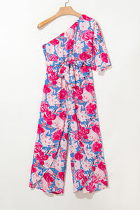 Online Pink Floral Print Asymmetrical Neckline Single Shoulder Drape Sleeve Belted Jumpsuit