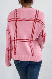 Online Pink Plaid Pattern Knitted Drop Shoulder Sweater