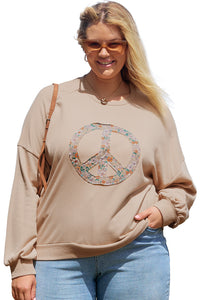 Online Pale Khaki Floral Peace Sign Graphic Washed Terry Plus Size Sweatshirt