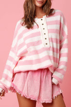 Load image into Gallery viewer, Online Pink Stripe Half Buttons Drop Shoulder Sweater
