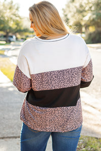 Online Black Leopard Print Colorblock V Neck Long Sleeve Plus Size Top