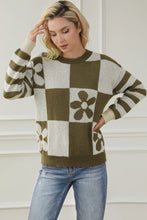 Load image into Gallery viewer, Online Orchid Petal Checkered Floral Print Striped Sleeve Sweater
