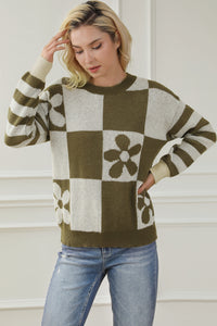 Online Orchid Petal Checkered Floral Print Striped Sleeve Sweater