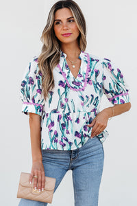 Online Purple Floral Ricrac Trim Half Sleeve Peplum Top
