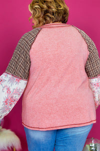 Online Pink Checkered Paisley Patchwork Raglan Sleeve Seamed Plus Size Top