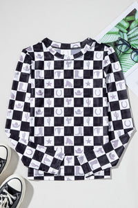 Online Black Checkerboard Western Elements Printed Mesh Long Sleeve Top