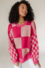 Load image into Gallery viewer, Online Rose Red Mixed Checkered Pattern Drop Shoulder Loose Sweater
