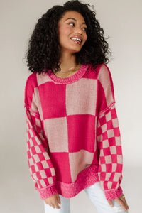 Online Rose Red Mixed Checkered Pattern Drop Shoulder Loose Sweater