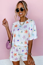 Load image into Gallery viewer, Online Pink Flower Print Short Sleeve High Waist Two Piece Shorts Set
