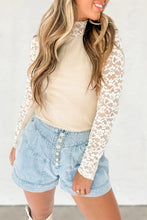 Load image into Gallery viewer, Beige Floral Lace Patchwork Long Sleeve High Neck Slim Top
