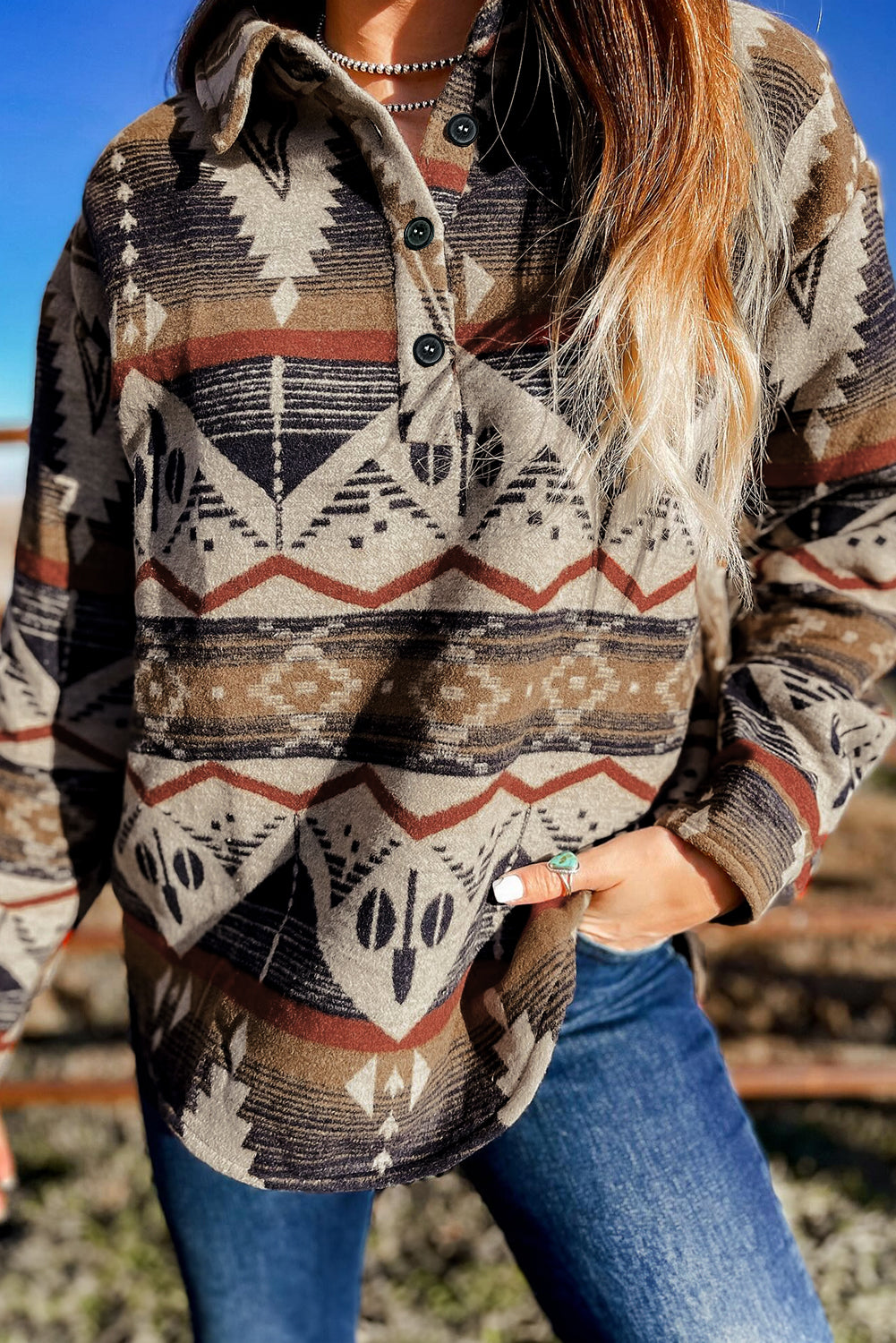 Online Brown Western Aztec Collared Button-up Sweatshirt