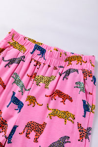 Online Pink Cheetah Print Short Sleeve Shirt and Pants Lounge Set
