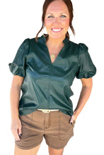 Load image into Gallery viewer, Online Sea Green  Notched V Neck Short Puff Sleeve PU Leather Blouse
