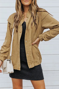 Brown Snaps Stand Neck Long Sleeve Buttoned Corduroy Coat