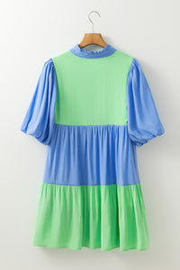 Online Dark Blue Colorblock Frilled V Neck Puff Half Sleeve Shift Dress