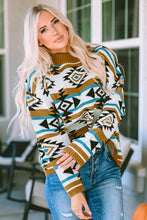Load image into Gallery viewer, Online Brown Aztec Striped Knit Ribbed Trim Sweater
