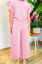 Load image into Gallery viewer, Black Textured Ruffled Sleeve Zipped Top and Wide Leg Pants Set
