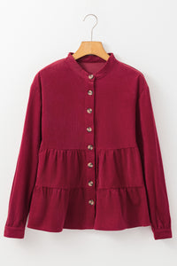 Online Burgundy Corduroy Ruffle Tiered Buttoned O Neck Shirt