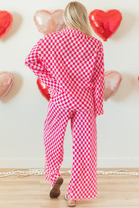 Online Pink Checkered Buttoned Shirt and High Waist Pants Pajama Set