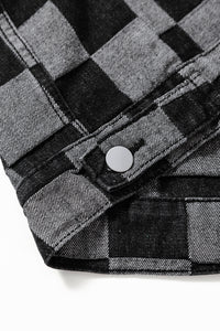 Online Black Checkered Patchwork Button up Denim Jacket