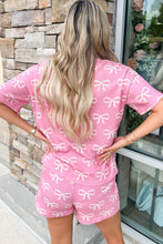 Load image into Gallery viewer, Online Pink Waffle Knit Bowknot Printed V Neck T Shirt and Shorts Set
