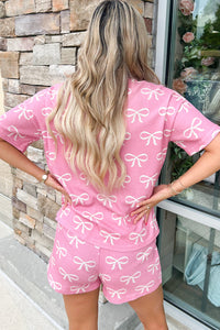 Online Pink Waffle Knit Bowknot Printed V Neck T Shirt and Shorts Set