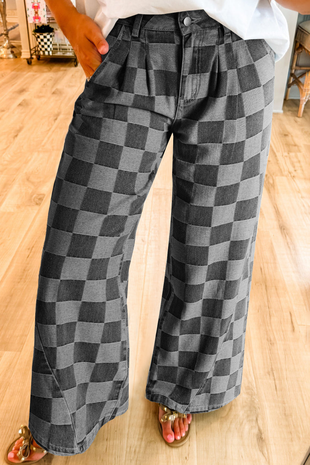 Online Dark Grey Checkered Denim Wide Leg Jeans