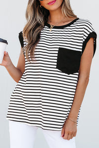 Online Black Stripe Chest Pocket Patch Round Neck Tank Top