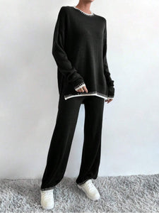 Online Side Slit Contrast Trim Round Neck Top and Pants Sweater Set