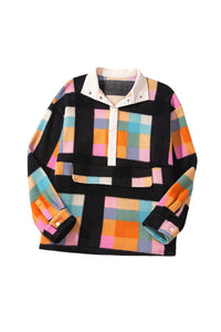 Online Black Plus Size Checkered Print Sherpa Henley Sweatshirt