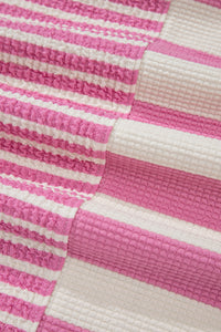Online Pink Stripe Patchwork Textured Short Sleeve High Low Loose Top
