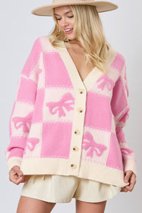 Online Pink Bowknot Checkered Pattern V Neck Drop Shoulder Button Up Cardigan