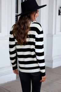 Striped Lace Splicing V Neck Pullover Sweater