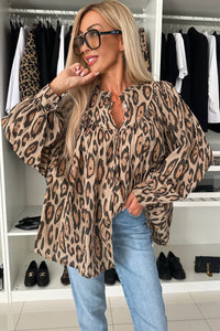 Jet Stream Oversized Leopard Print Balloon Sleeve Casual Shirt