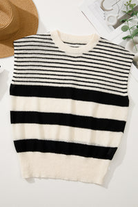 Online Black white Striped O Neck Sweater Vest