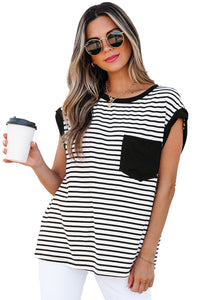 Online Black Stripe Chest Pocket Patch Round Neck Tank Top