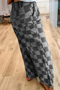 Online Dark Grey Checkered Denim Wide Leg Jeans