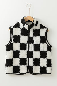 Online Black Checkered Sherpa Collared Jacket Vest