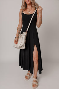 Online Black Sleeveless Scoop Neck Flared Split Midi Dress