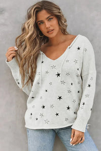 Gray Mini Starfish Embroidery Lightweight Knit Sweater